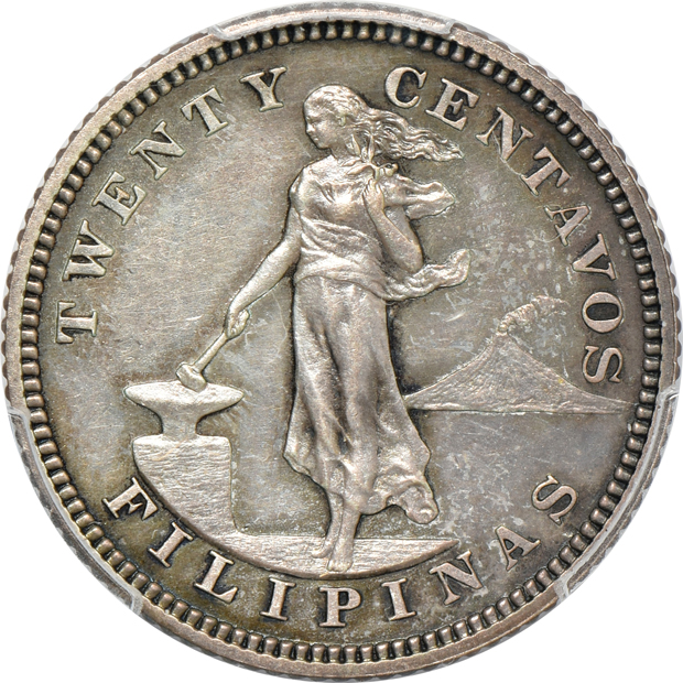 1904 20 centavos PR-61, 1906 20 centavos PR-63, and a 1908 20 centavos PR-63, all PCGS