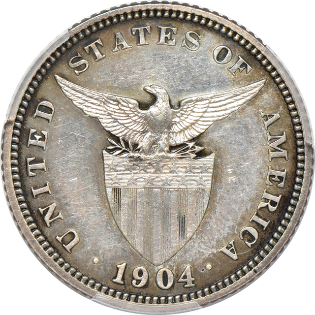1904 20 centavos PR-61, 1906 20 centavos PR-63, and a 1908 20 centavos PR-63, all PCGS