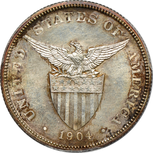 1904 50 centavos PR-62, and a 1908 peso PR-61, both PCGS