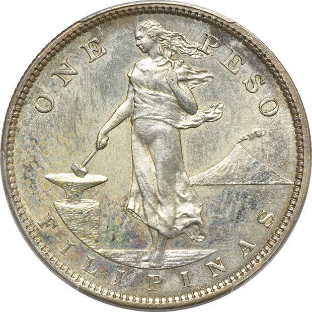1904 50 centavos PR-62, and a 1908 peso PR-61, both PCGS
