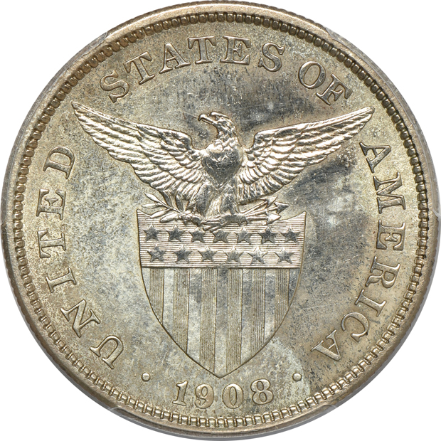 1904 50 centavos PR-62, and a 1908 peso PR-61, both PCGS
