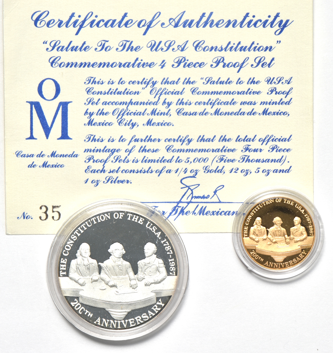 Mexico - 1987 commemorative Proof set, Salute to the USA Constitution.  Four coins with certificate