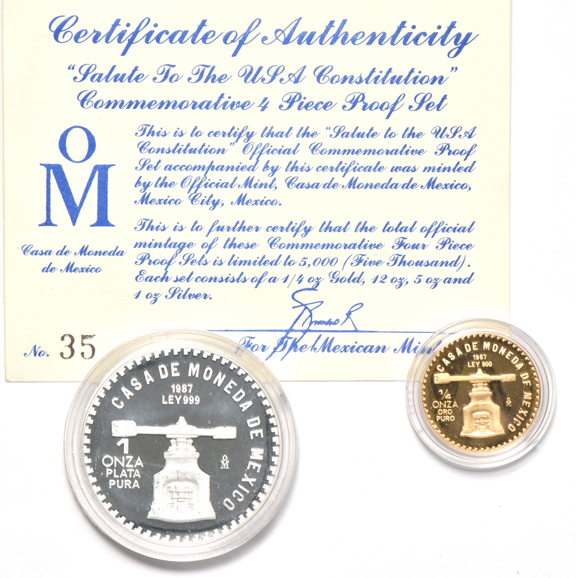 Mexico - 1987 commemorative Proof set, Salute to the USA Constitution.  Four coins with certificate