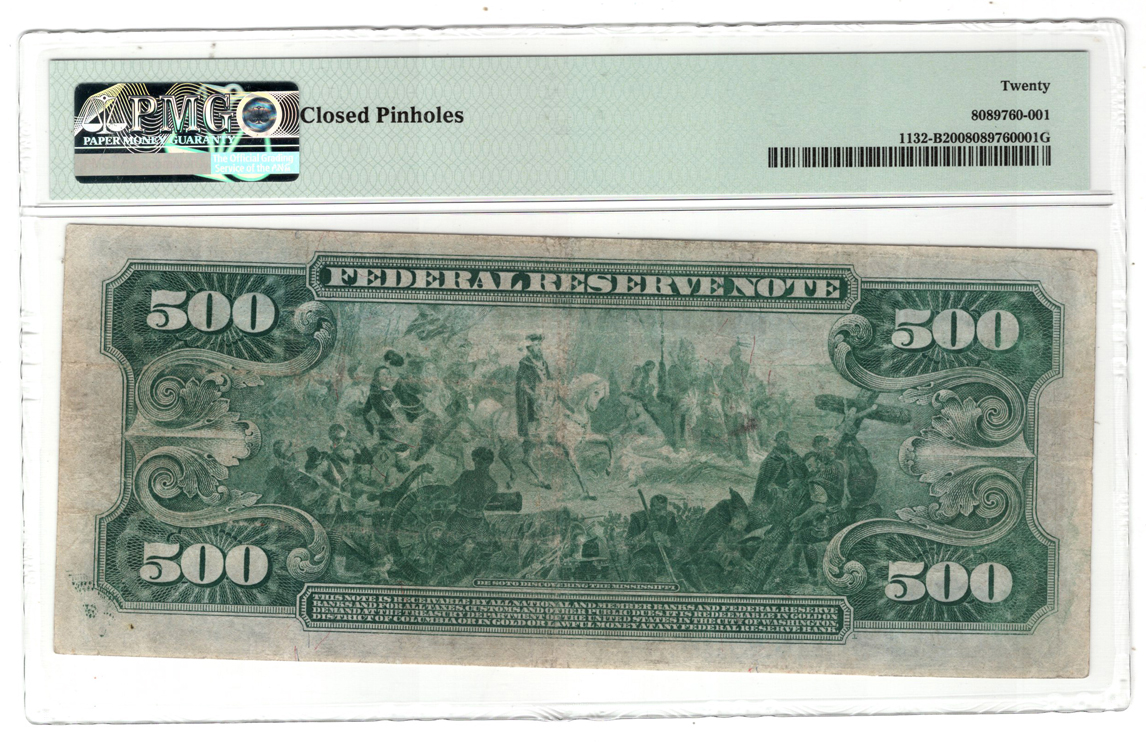 1918 $500 New York Fr# 1132-B - PMG VF-20/closed pinholes