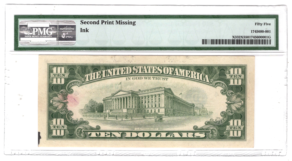 Error Currency - $10 Cleveland Federal Reserve Note Missing Print PMG AU-55/ink