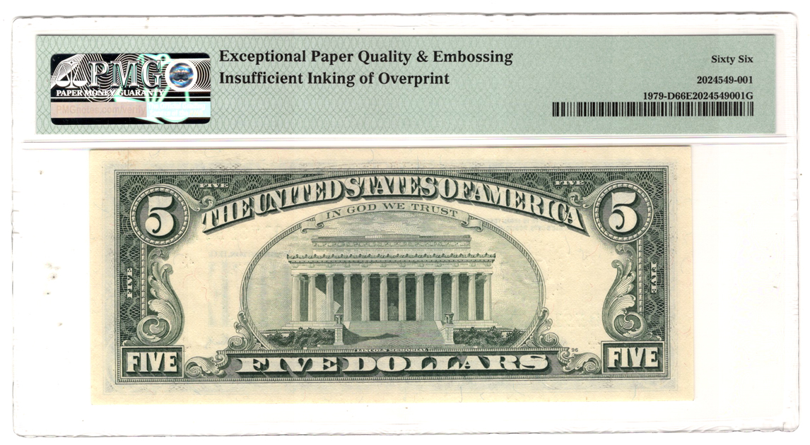 Error Currency - 1988 $5 Cleveland Federal Reserve Note Fr# 1979-D Insufficient Inking - PMG GemCU-66 EPQ