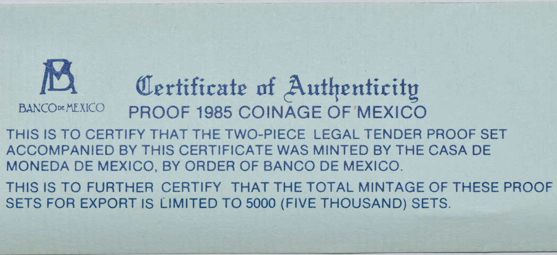 Mexico - 1985 two piece Proof Set with certificate and case
