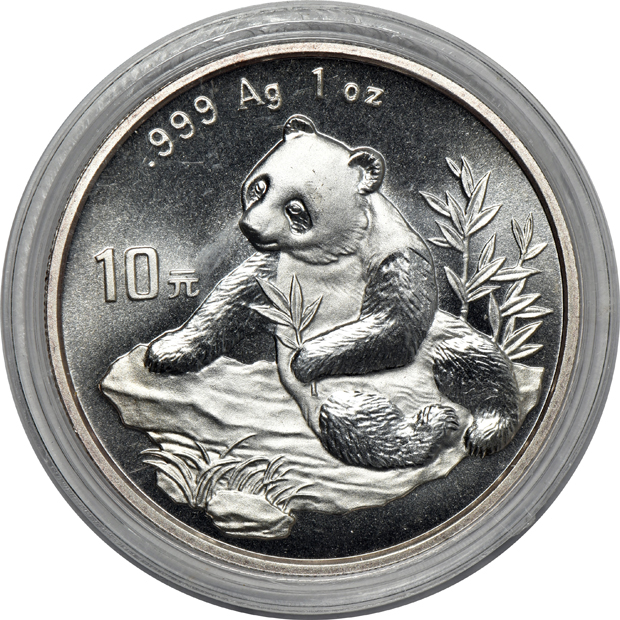 China - Five 1998 1oz silver Panda 10 yuan, four lg. date, one sm. date