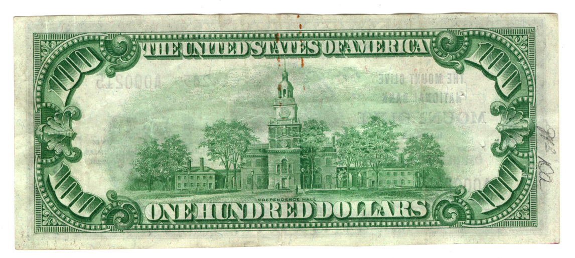 1929 $100 Type 2 - Mount Olive, IL Charter #14285 - VF/rust