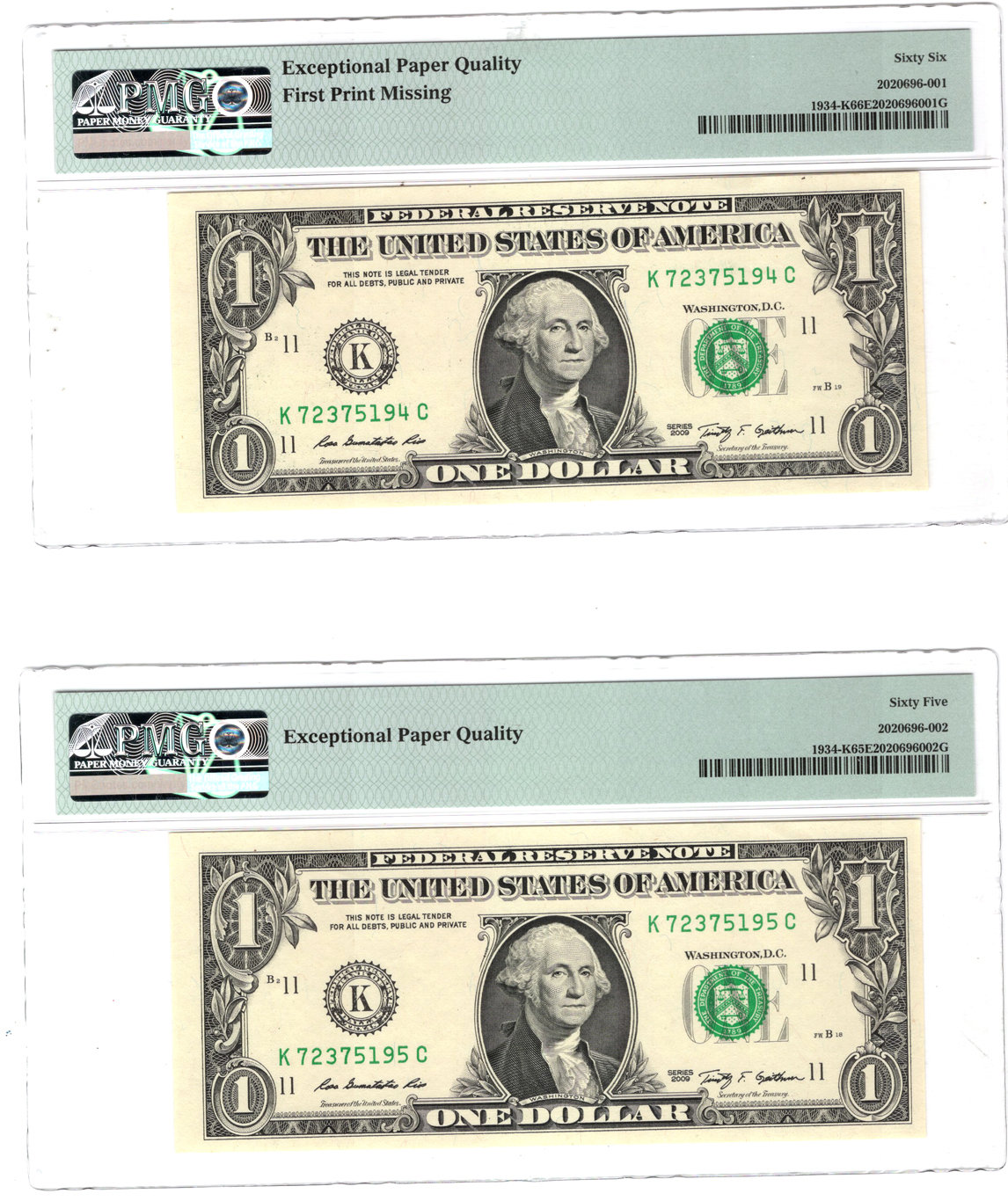 Error Currency - Sequential pair of 2009 $1 Dallas Federal Reserve Notes Fr# 1934-K First Print Missing - PMG GemCU-66/65 EPQ