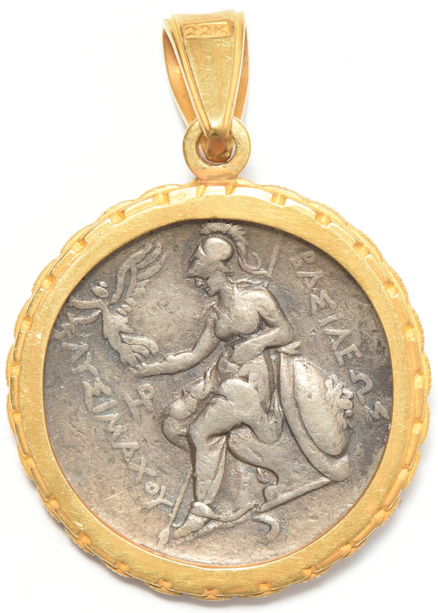 Ancient Greece - 297-281 BC tetradrachm in a 22k gold bezel