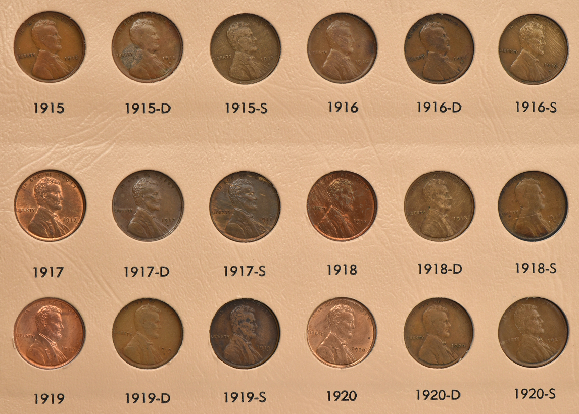 Nearly complete set of Lincoln Wheat cents in a Dansco 7103 album
