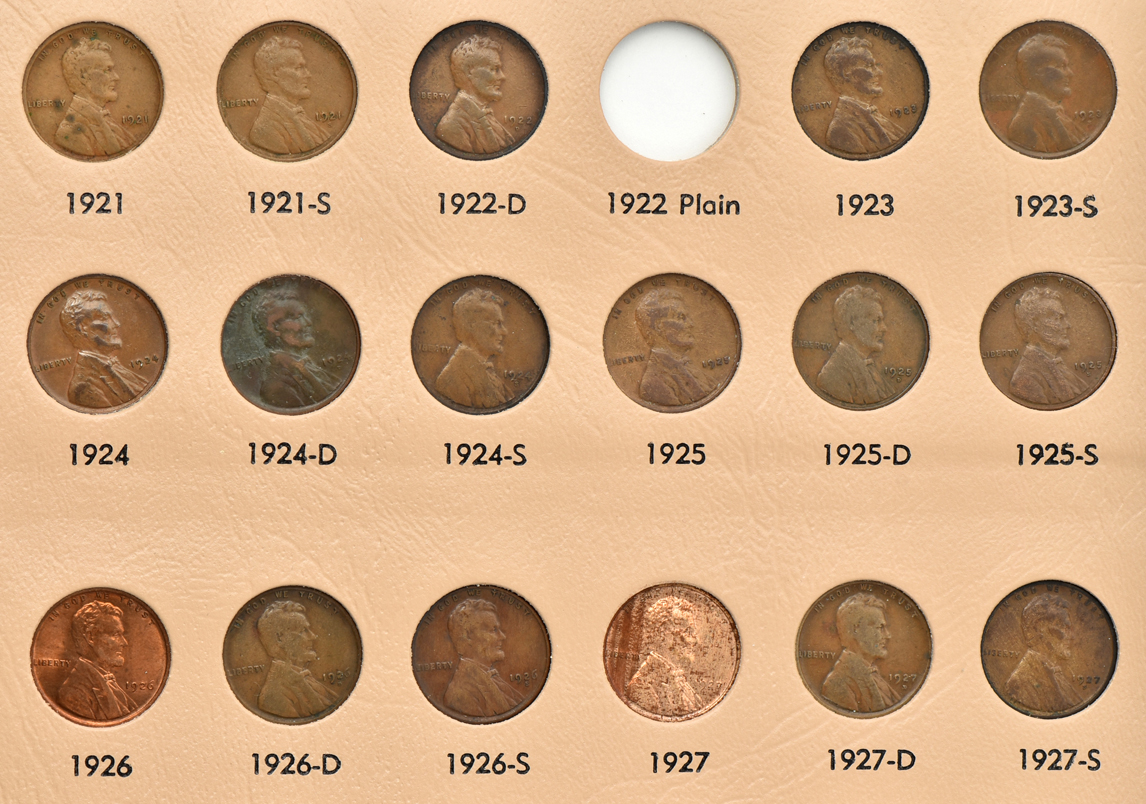 Nearly complete set of Lincoln Wheat cents in a Dansco 7103 album
