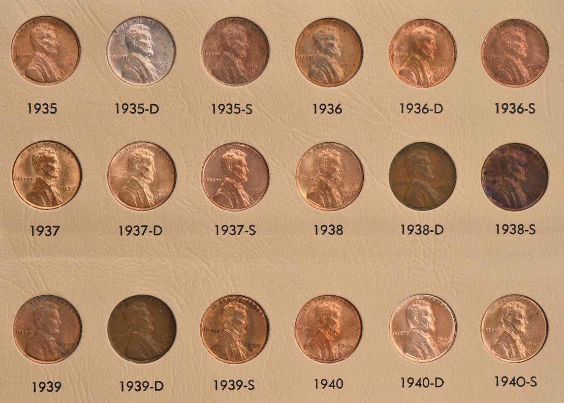 Nearly complete set of Lincoln Wheat cents in a Dansco 7103 album