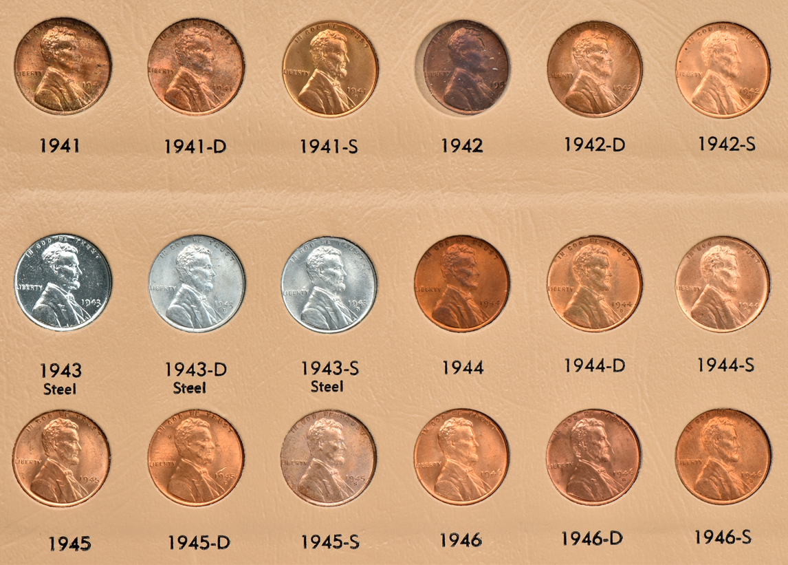 Nearly complete set of Lincoln Wheat cents in a Dansco 7103 album