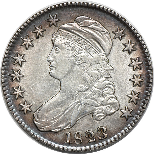 1813 O-107a XF details, and an 1823 O-101 "broken 3" AU details/cleaned