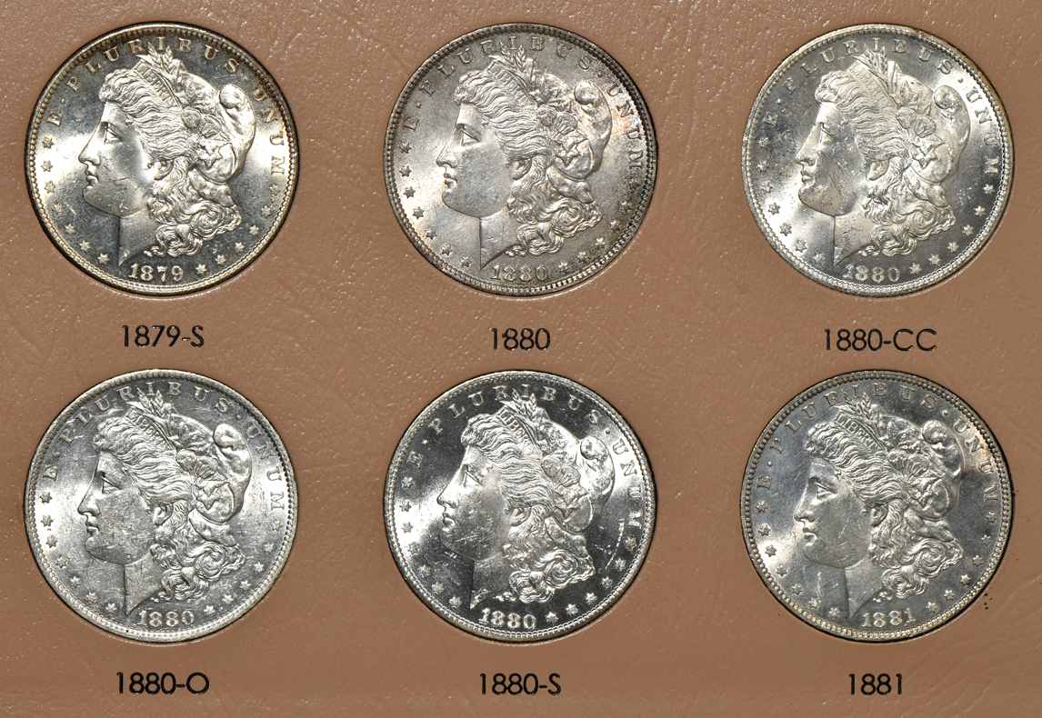 Collection of 46 different Morgan silver dollars in a Dansco 7178 album