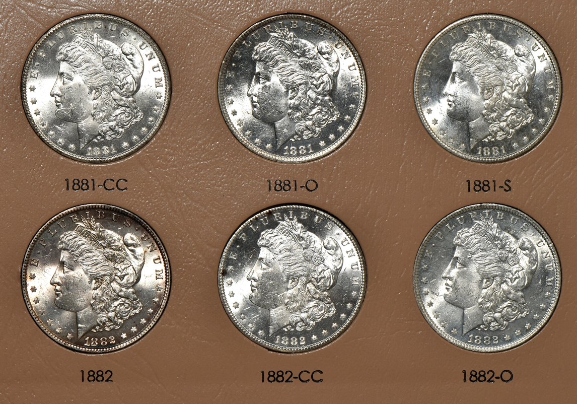 Collection of 46 different Morgan silver dollars in a Dansco 7178 album