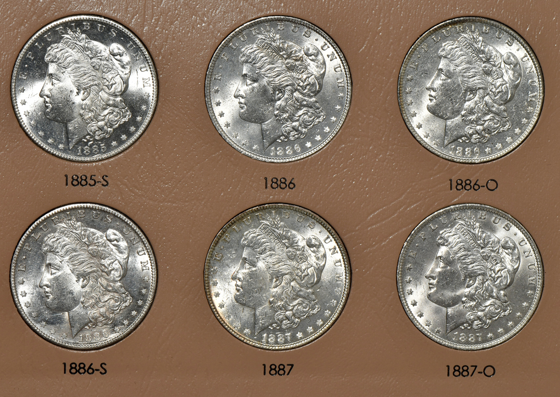Collection of 46 different Morgan silver dollars in a Dansco 7178 album