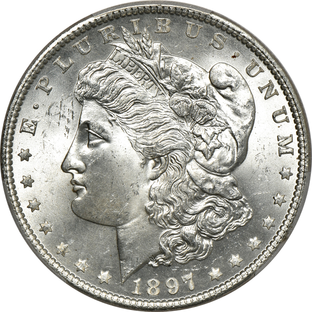 Four Morgan silver dollars certified MS-64+ CAC by PCGS