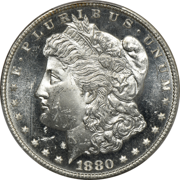 Four Morgan silver dollars certified by PCGS