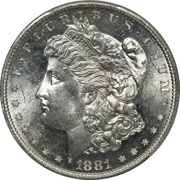 Six Morgan silver dollars, all PCGS MS-64 CAC
