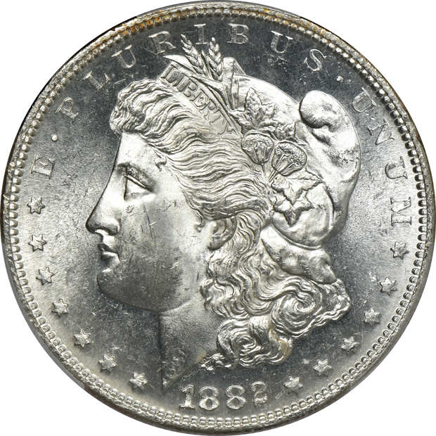 Six Morgan silver dollars, all PCGS MS-64 CAC