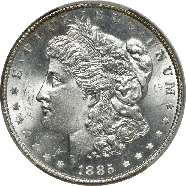Six Morgan silver dollars, all PCGS MS-64 CAC