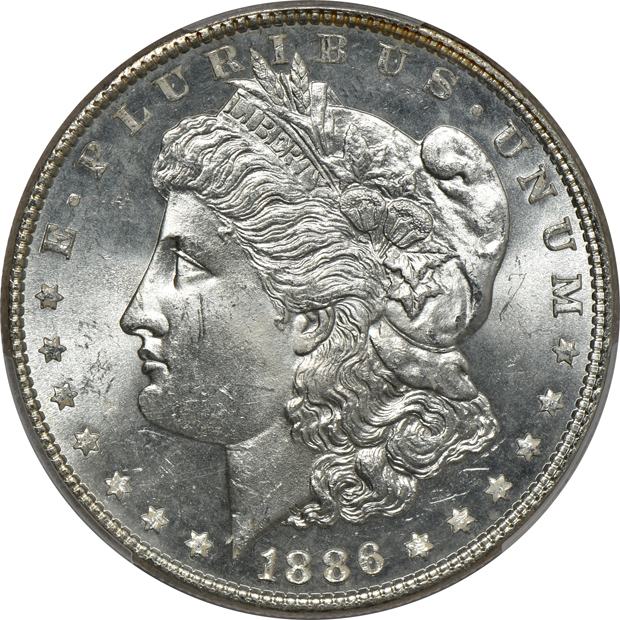 Six Morgan silver dollars, all PCGS MS-64 CAC