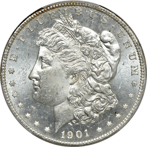Six Morgan silver dollars, all PCGS MS-64 CAC
