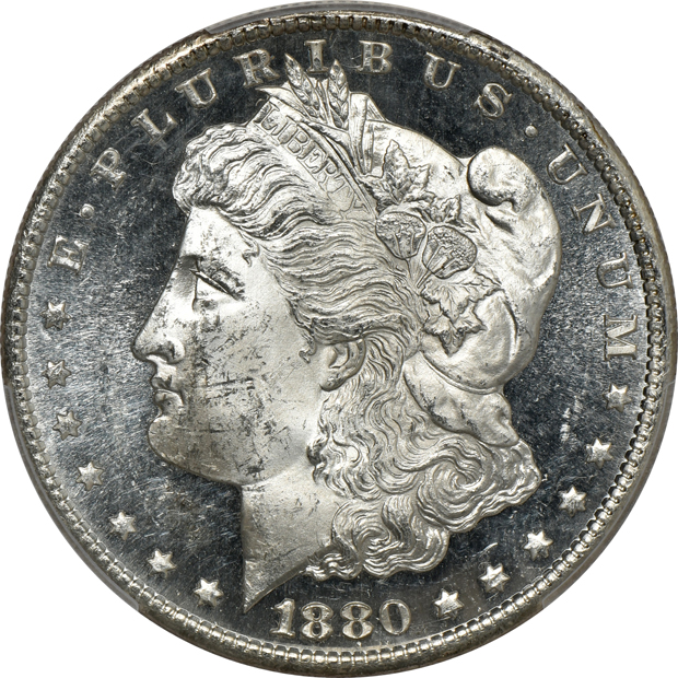 Five Morgan silver dollars certified by PCGS