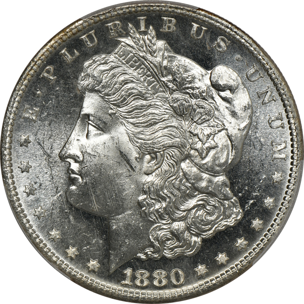 Five Morgan silver dollars certified by PCGS