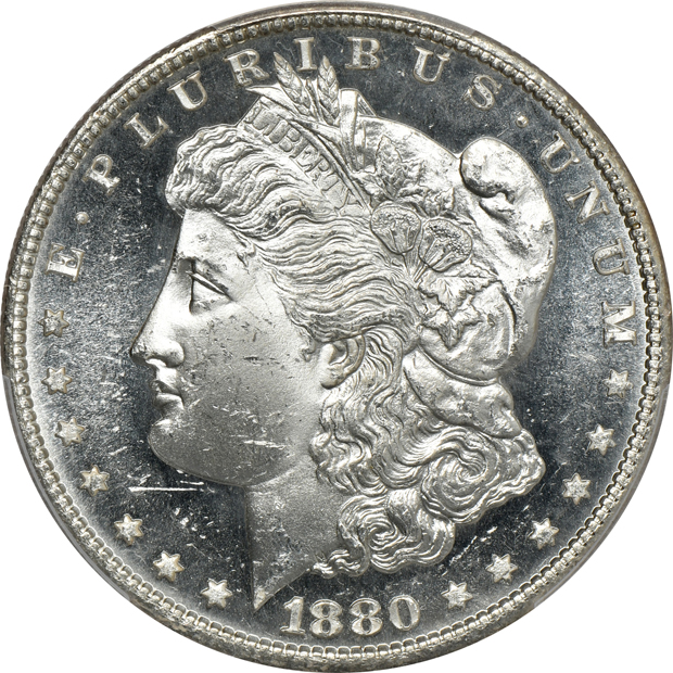 Five Morgan silver dollars certified by PCGS