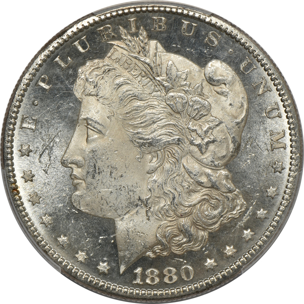 Seven Morgan silver dollars certified by PCGS
