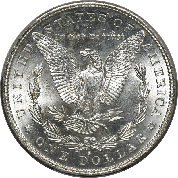 Four Morgan silver dollars certified MS-65 by PCGS