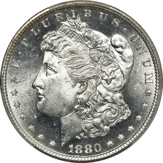 Four Morgan silver dollars certified MS-65 by PCGS