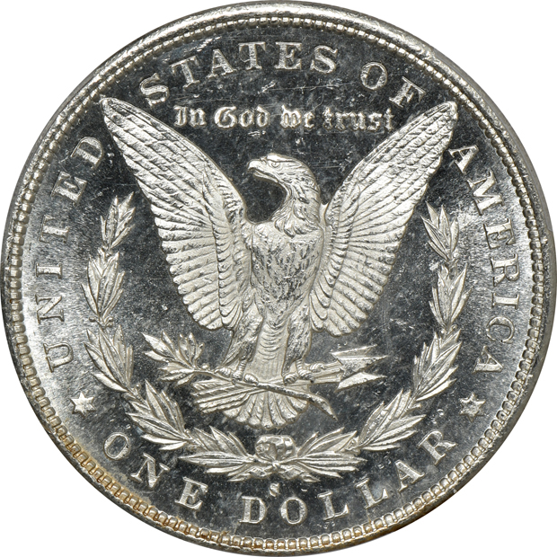 Four Morgan silver dollars certified MS-65 by PCGS