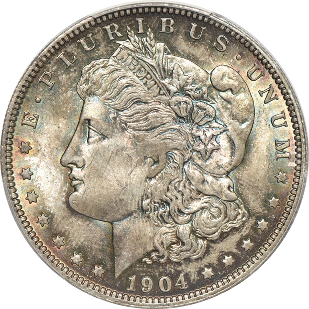 Seven Morgan silver dollars certified by PCGS