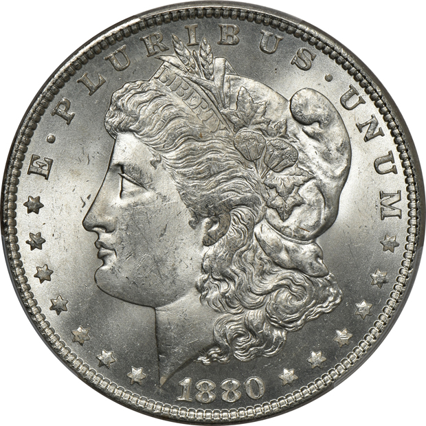 Seven Morgan silver dollars certified by PCGS