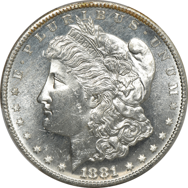 Seven Morgan silver dollars certified by PCGS