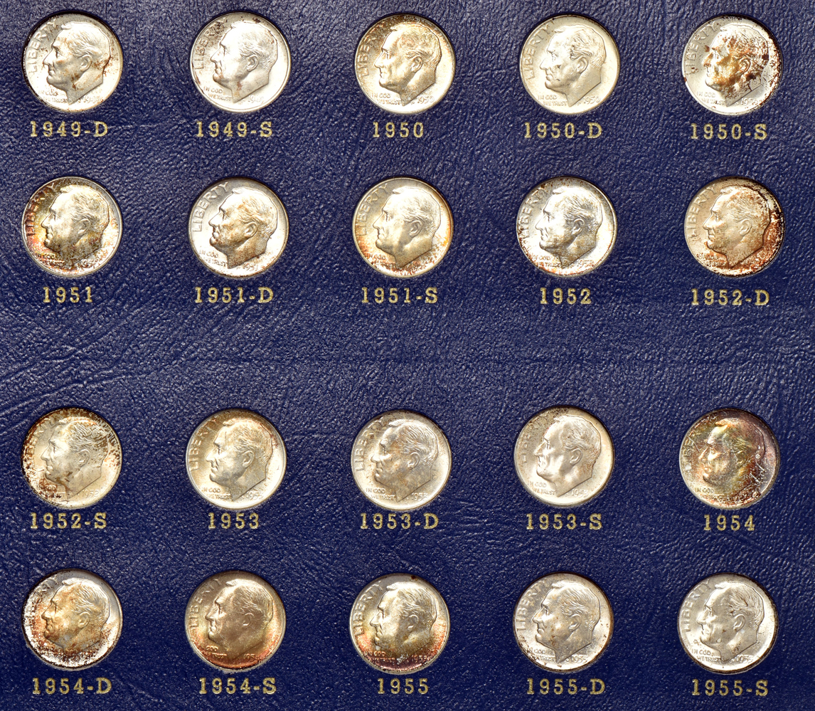 Collections of Roosevelt dimes and Franklin half-dollars