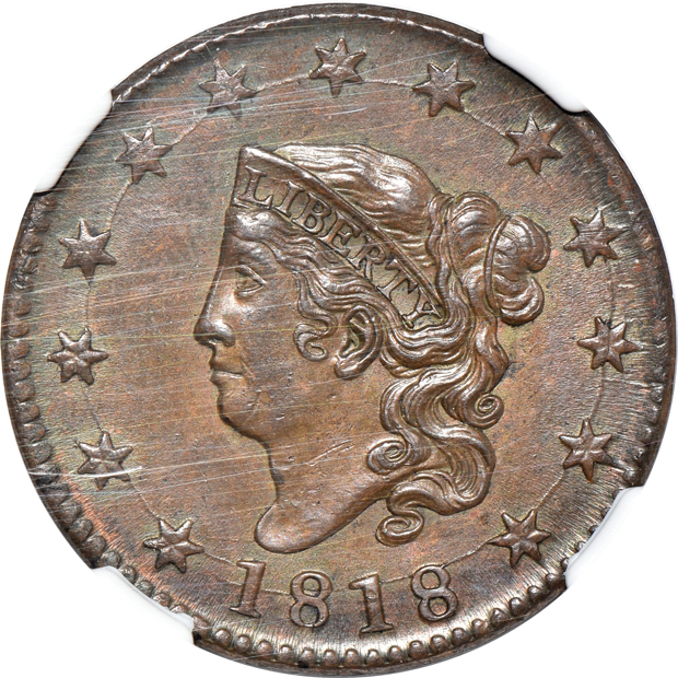 1818 AU-58 BN CAC, and an 1856 Slanted 5 N-14 MS-63 BN, both NGC