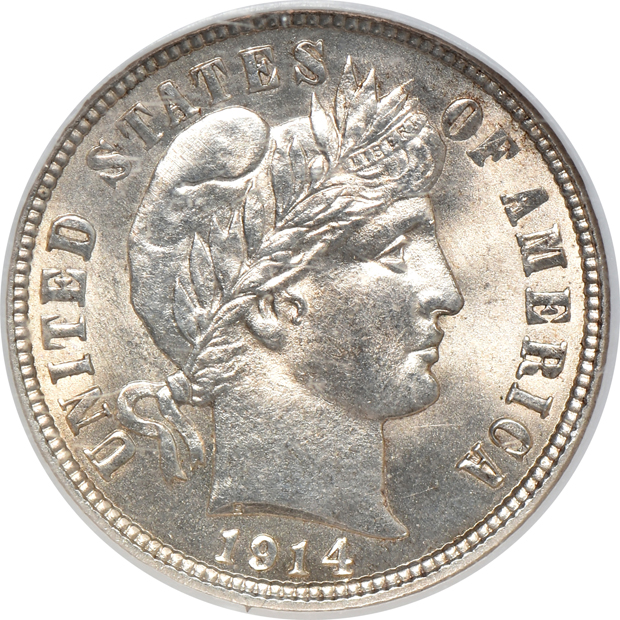 1914 Barber dime MS-64, and a 1914 Barber quarter MS-62, both NGC