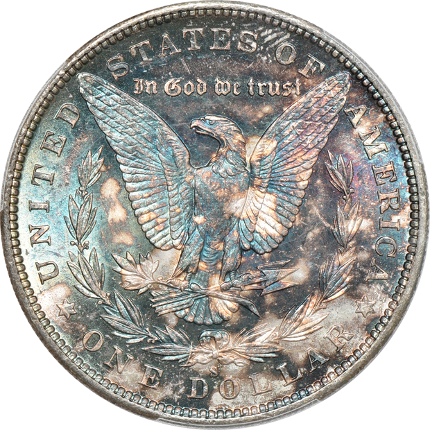 1879-S MS-65, 1879-S MS-65 CAC, and an 1885 MS-65, all PCGS