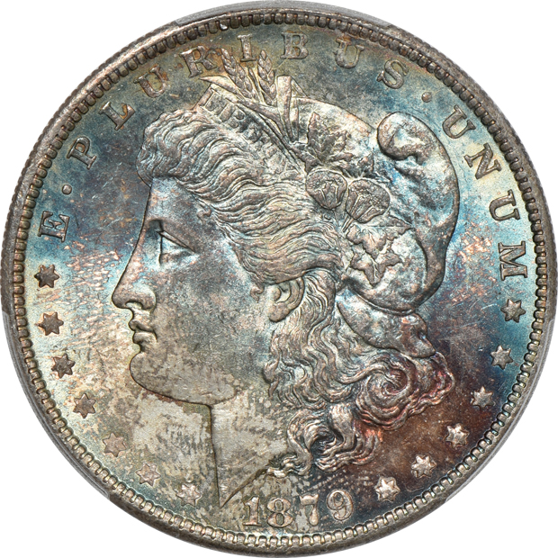 1879-S MS-65, 1879-S MS-65 CAC, and an 1885 MS-65, all PCGS
