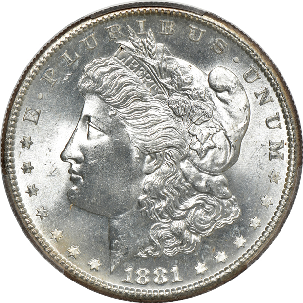 1880-S (green label), 1881-S, and an 1882-S, all PCGS MS-65 CAC