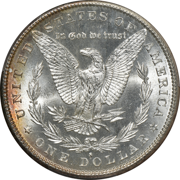 1880-S (green label), 1881-S, and an 1882-S, all PCGS MS-65 CAC