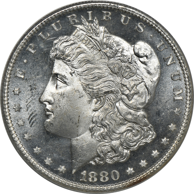 1880-S (green label), 1881-S, and an 1882-S, all PCGS MS-65 CAC