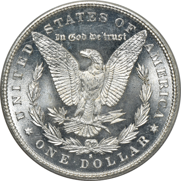 1880-S (green label), 1881-S, and an 1882-S, all PCGS MS-65 CAC