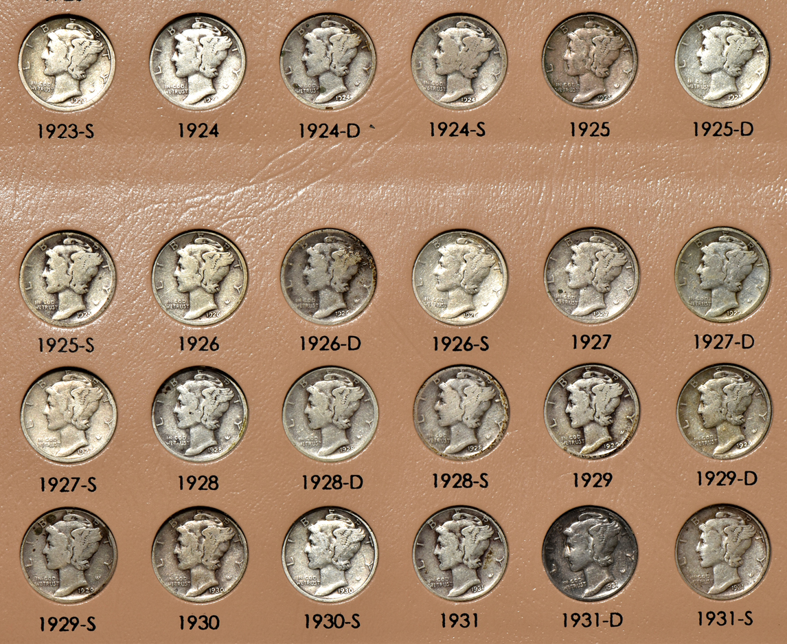Collection of Mercury dimes in a complete Dansco 7123 album